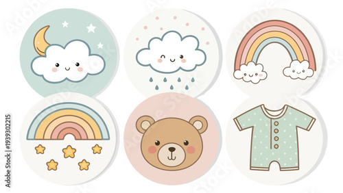 Cute baby stickers with clouds, rainbows, bear and onesie