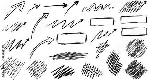 A collection of various hand drawn lines arrows and scribbles