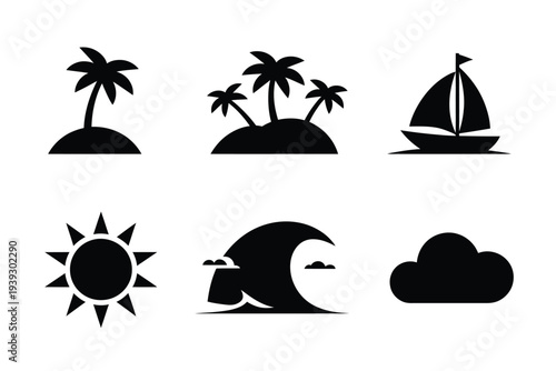 Six black and white of tropical and nautical palm tree