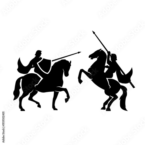 Dynamic Silhouette of Two Medieval Knights on Horseback Jousting with Spears