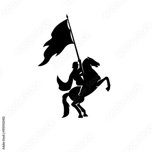 Black Silhouette Icon of Knight on Rearing Horse Holding Waving Flag
