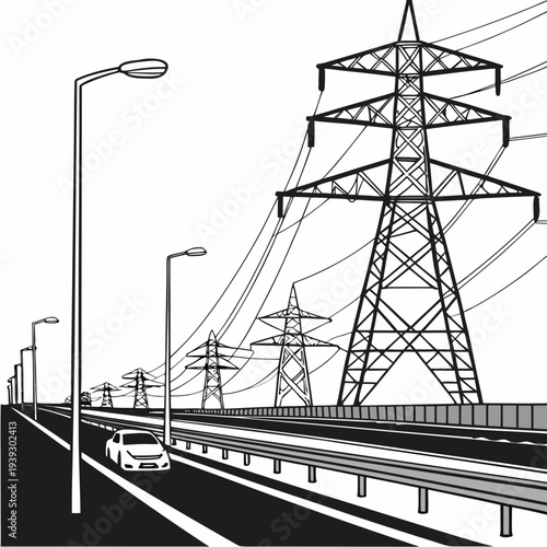 Black and white illustration of a highway with power lines and streetlights