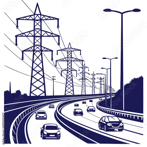 Electric power transmission towers and streetlights along a busy highway with cars driving on a curved road