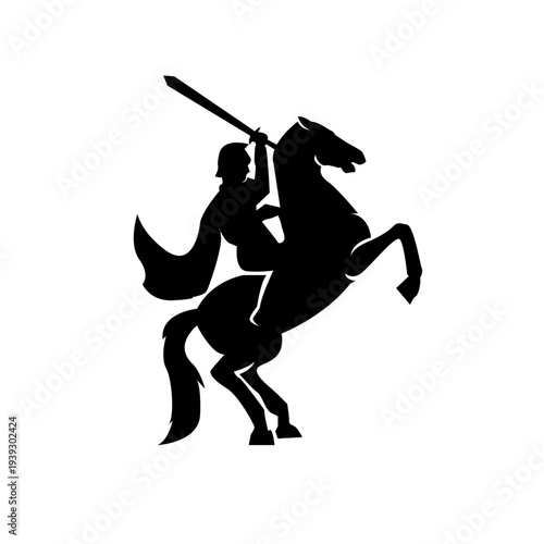 Silhouette of Knight on Rearing Horse Holding Sword