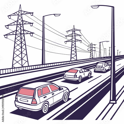 Illustration of cars driving on a highway with power lines and streetlights overhead