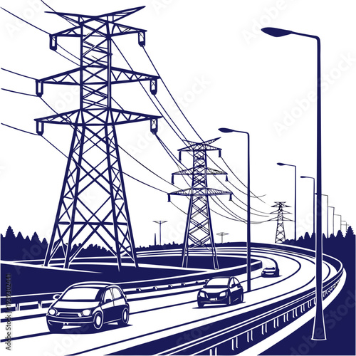 Electric power transmission towers and streetlights along a highway with cars driving on it