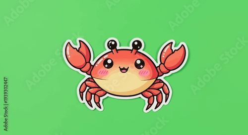 Cute Cartoon Crab on Green Background