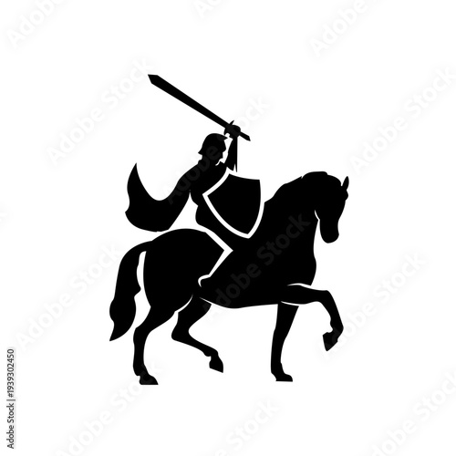 Medieval Knight on Horseback with Raised Sword and Shield Silhouette