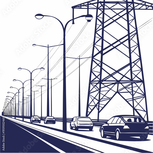 A dark blue and white illustration of a highway with a large metal tower and streetlights