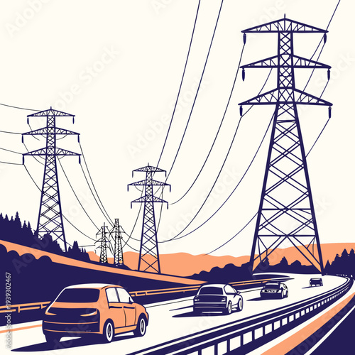 Electric power transmission towers and cars on a highway with wires