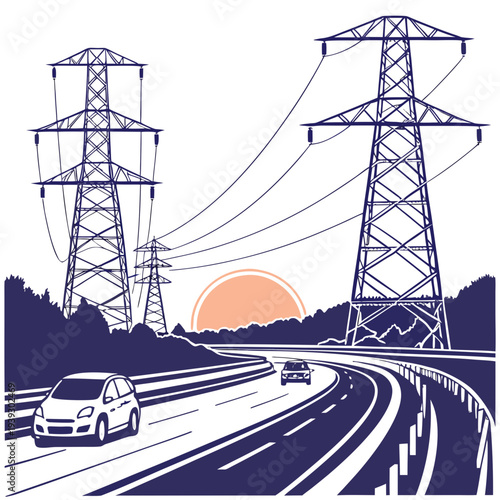 Electric power transmission towers and cars on a highway at sunset