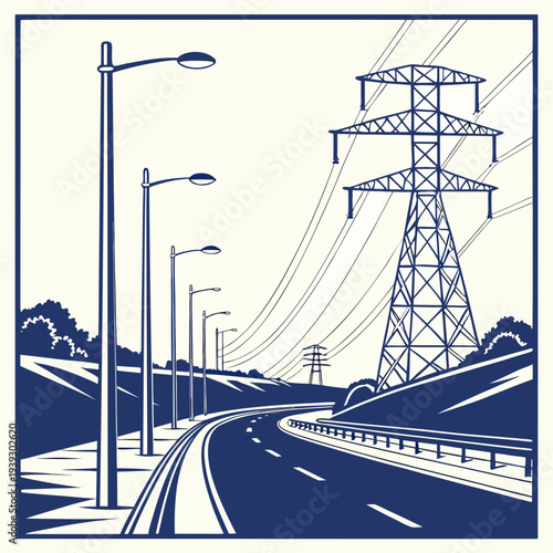 Blue and white illustration of a road with a power line tower and streetlights