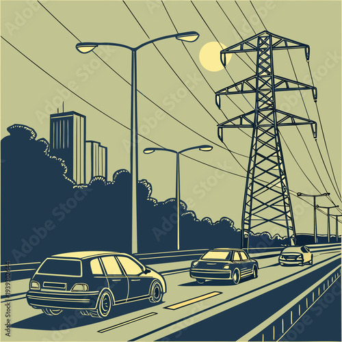 Illustration of a cityscape at dusk with cars driving on a highway and a large power transmission tower in the foreground with streetlights and a full moon