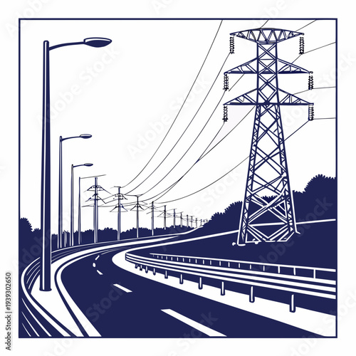 Electric power transmission tower and streetlights along a winding road with guardrail