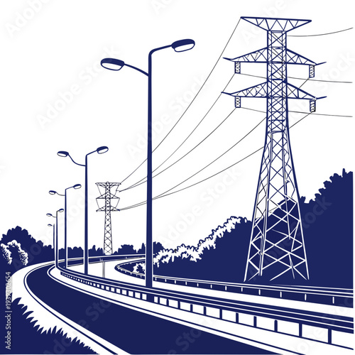 Electricity pylon and streetlights along a winding road with trees
