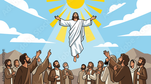Jesus Christ ascension to heaven with followers worshipping vector illustration flat design