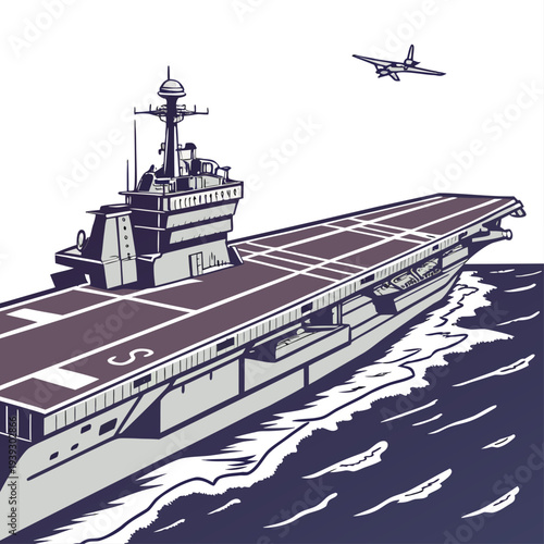 Illustration of a large aircraft carrier at sea with a fighter jet flying overhead