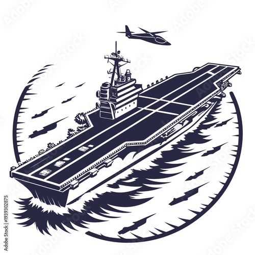 Illustration of an aircraft carrier with a fighter jet flying above it surrounded by sharks in the ocean