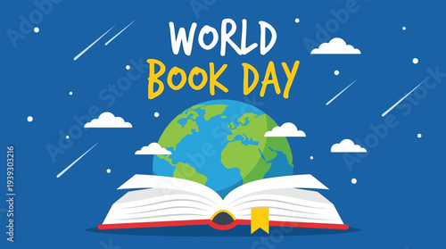 World Book Day open book with globe vector illustration flat design