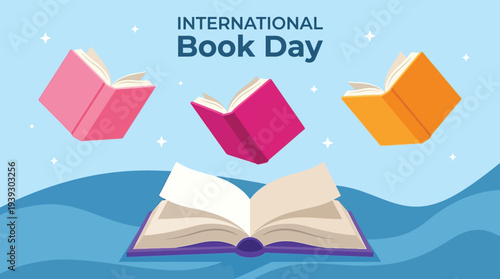 International Book Day open book with flying colorful pages vector illustration