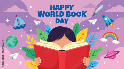 Child reading book on World Book Day celebration with flying objects vector illustration