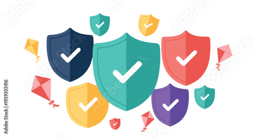 Security Protection Shield Icons with Checkmarks Representing Cybersecurity, Data Protection, Online Safety, Privacy Defense, and Digital Trust Concept