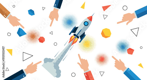 Startup Launch Concept with Rocket Taking Off Surrounded by Pointing Hands Representing Business Innovation, Team Collaboration, Project Initiation, and Entrepreneurial Growth