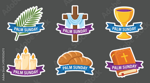 Palm Sunday religious celebration set with cross bread chalice candles vector illustration
