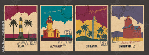 Peru, Australia, Sri Lanka, United States Attraction Postcard Set, World Beacons Popular Place Illustrations, Vector Templates Retro Style Greeting Card. Vintage Colors, Aged Paper Texture