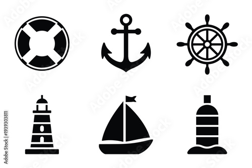 Six black nautical on white background life preserver