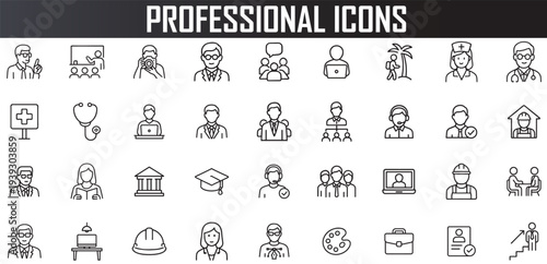 professional and diverse career icon set, minimal outline people symbols