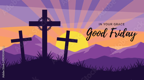 Good Friday cross sunset grace vector illustration flat design religious holiday