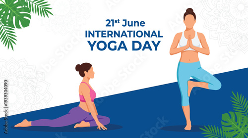 International Yoga Day flat design vector illustration with women practicing yoga poses on blue background