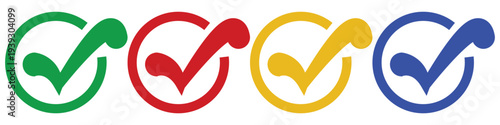 Vector Set of Four Vibrant Checkmark Icons in Green Red Yellow and Blue Circles for Business Success Approval Progress and Task Completion.
