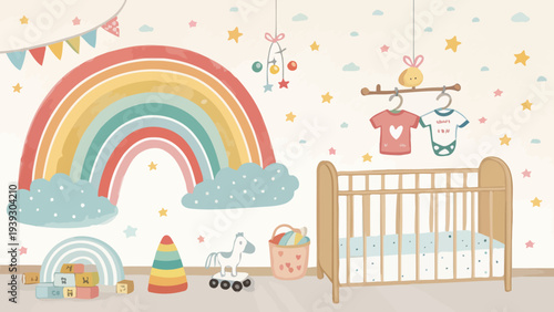 Adorable nursery with rainbow decor and baby essentials