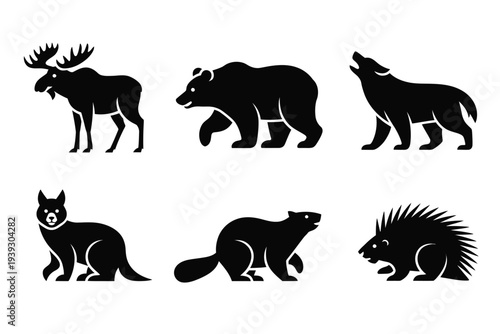 Six black silhouette animals moose bear wolf cat weasel porcupine