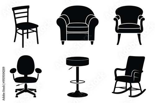 Six black silhouette chairs and stools in style furniture