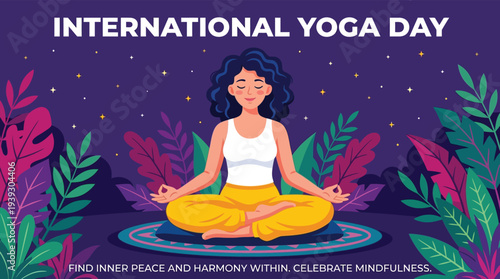 Woman meditating in yoga pose on lotus flower vector illustration, International Yoga Day flat design