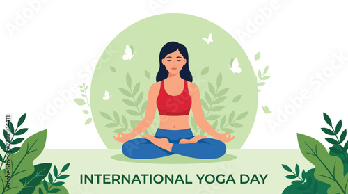 Woman meditating in lotus pose on International Yoga Day vector illustration