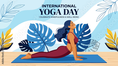 International Yoga Day woman meditating on beach vector illustration flat design