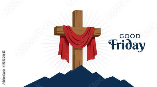 Good Friday Flat Vector Banner with Wooden Cross and Red Cloth