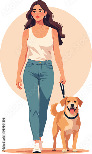 donna mentre porta a passeggio il cane vettoriale
