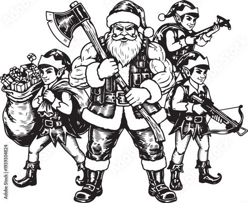 santa squad hand drawn simple sketch vector illustration