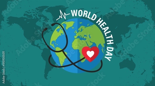 World Health Day Vector Banner with Earth Globe Stethoscope and Heart