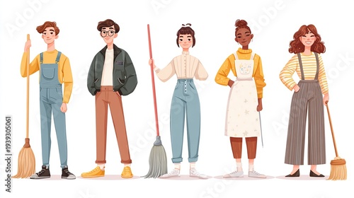 Diverse group of young adults holding cleaning tools
