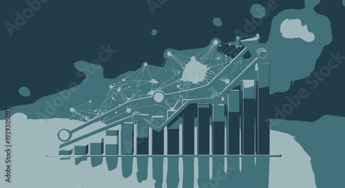 Bar chart showing business growth and data analytics connected by a network of lines and nodes