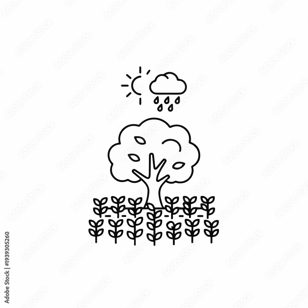 Obraz premium An artistic icon represents the harmony between the elements with a minimalist style. Featuring a tree, sun, and rain, this icon encapsulates the vital connection between nature and the environment.