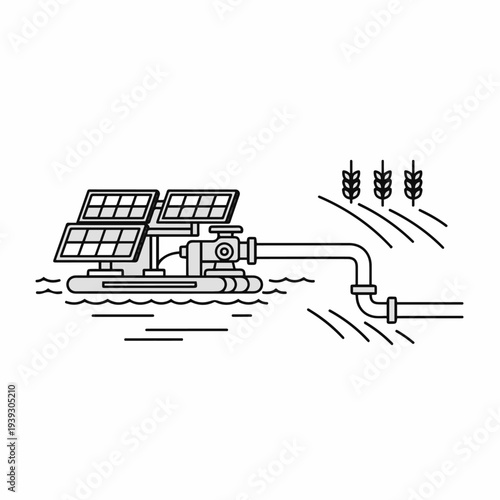 An illustration depicts a sustainable water management system powered by solar energy, designed for efficient irrigation.