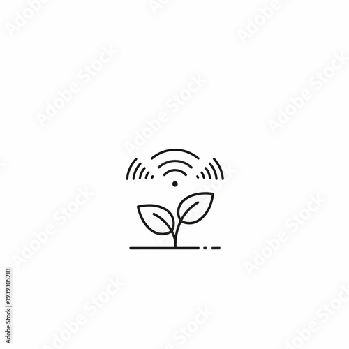 A stylized emblem of a plant that is connected to the world by wireless signals. The innovative concept of tech-driven agriculture and environmental monitoring and sustainability.