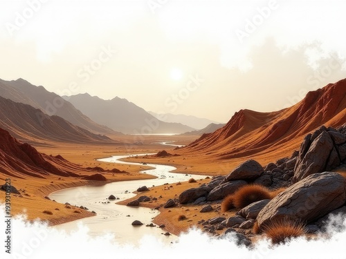 A serene desert scene featuring a winding river amidst sandy dunes